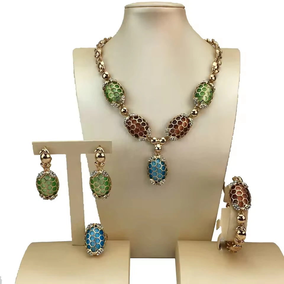 SPC010 Fashion Trendy Women Jewelry Set Gold-Plated Beads Necklace Earrings Bracelet Ring Sets (2)