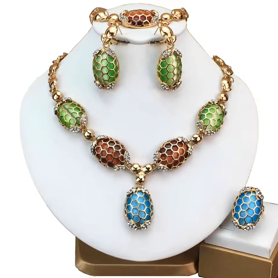 SPC010 Fashion Trendy Women Jewelry Set Gold-Plated Beads Necklace Earrings Bracelet Ring Sets