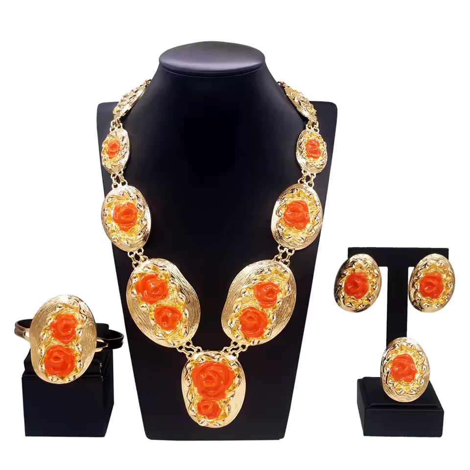 SPC022 Flower Drip Oil Craft Delicate Gold Plated Necklace Earrings Ring Set