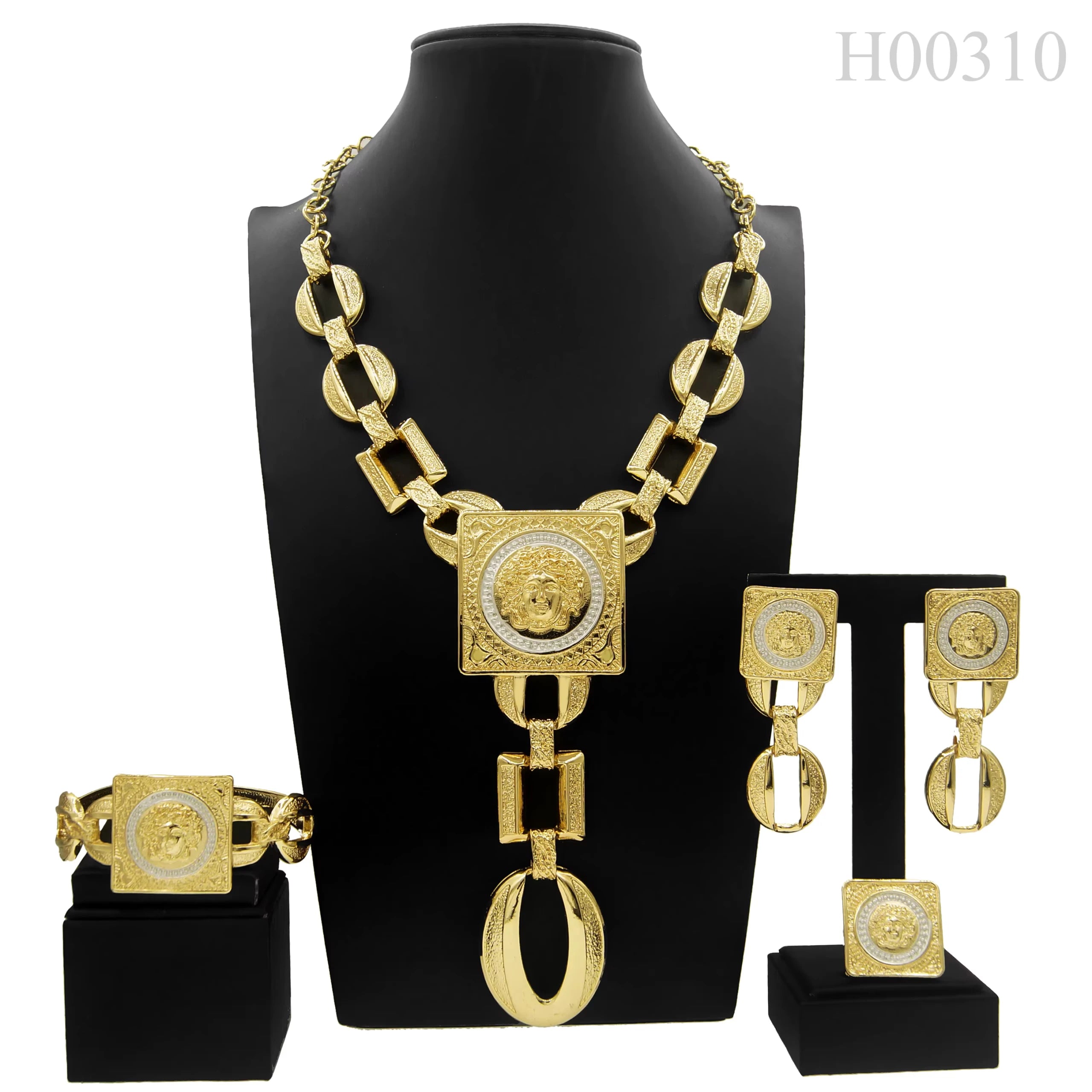 SPC024 Face Shape Chain Pendant Design Large Earrings Square Ring Set