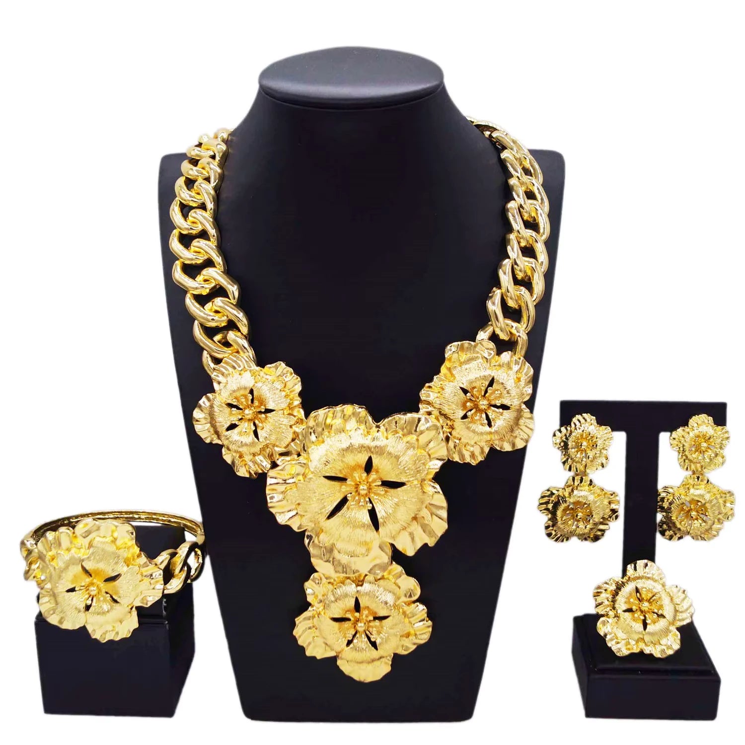 SPC025 Gold Flower Pendant Luxury Wedding Bijoux Gold Plated Earrings Ring Set
