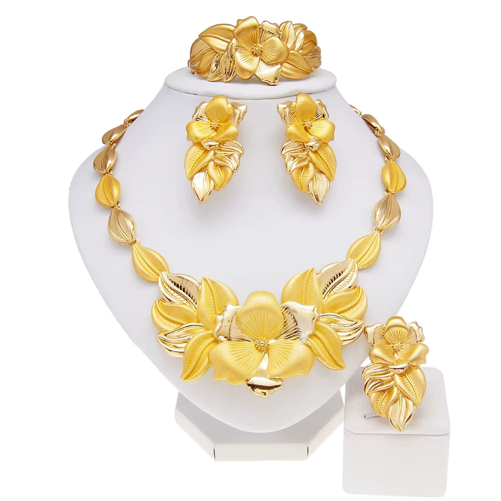 SPC029 Gold Plated Women Necklace Earrings Ring Bracelet Jewelry Set