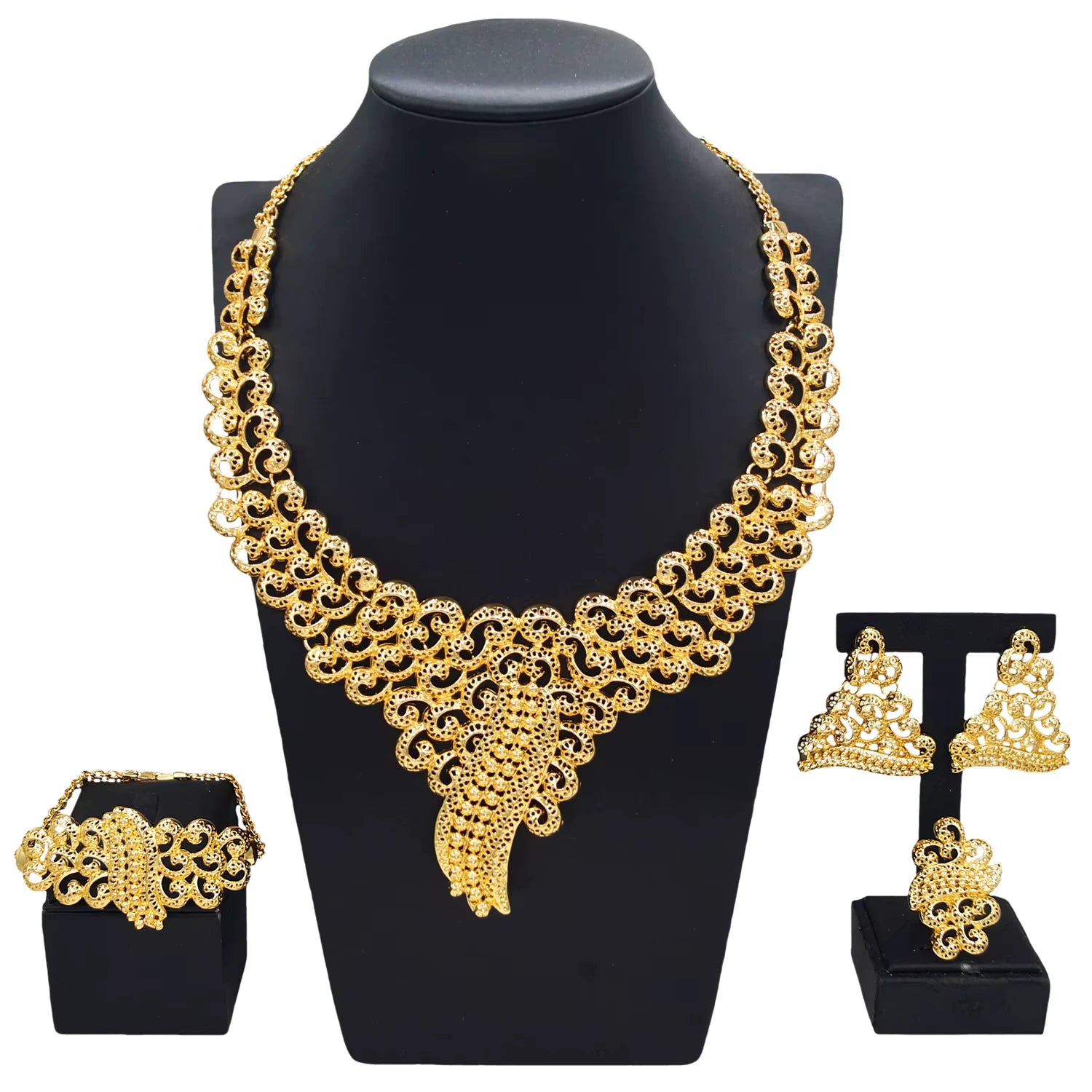 SPC030 Gold Plated Luxury Wedding Necklace Earrings Bracelet Set