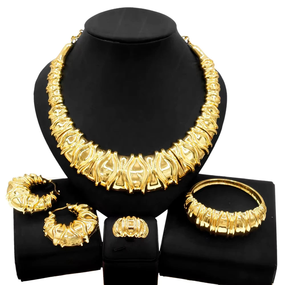 SPC033 Gold Plated Big Necklace Banquet Festive Earrings Ring Set