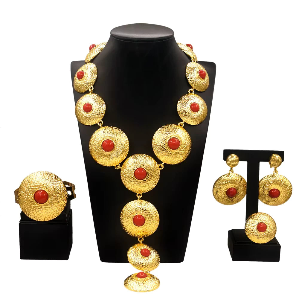 SPC036 Gold Plated Big Round Pendant Luxury Earrings Bracelet Set