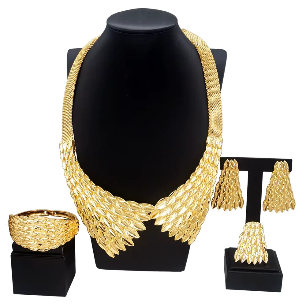SPC039 Gold Plated Necklace Earrings Pendant Feather Shape Jewelry Set