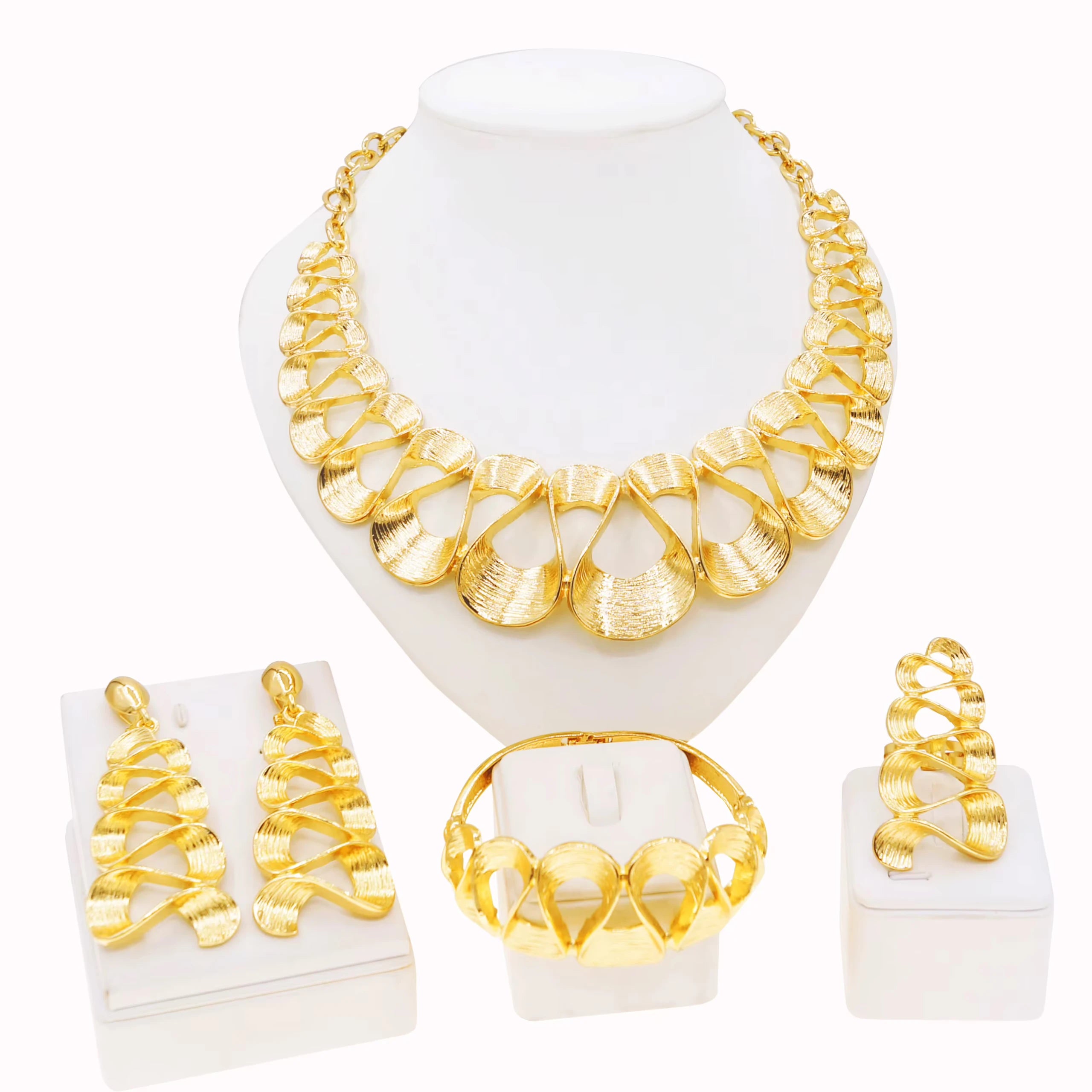 SPC041 Gold Plated Round Pendant Brushed Glossy Bracelet Earrings Set