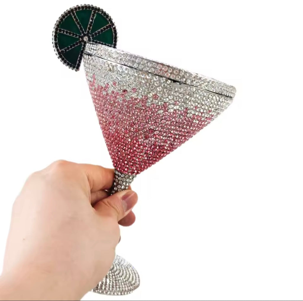 Pink silver ombre crystal martini cocktail glass evening bag