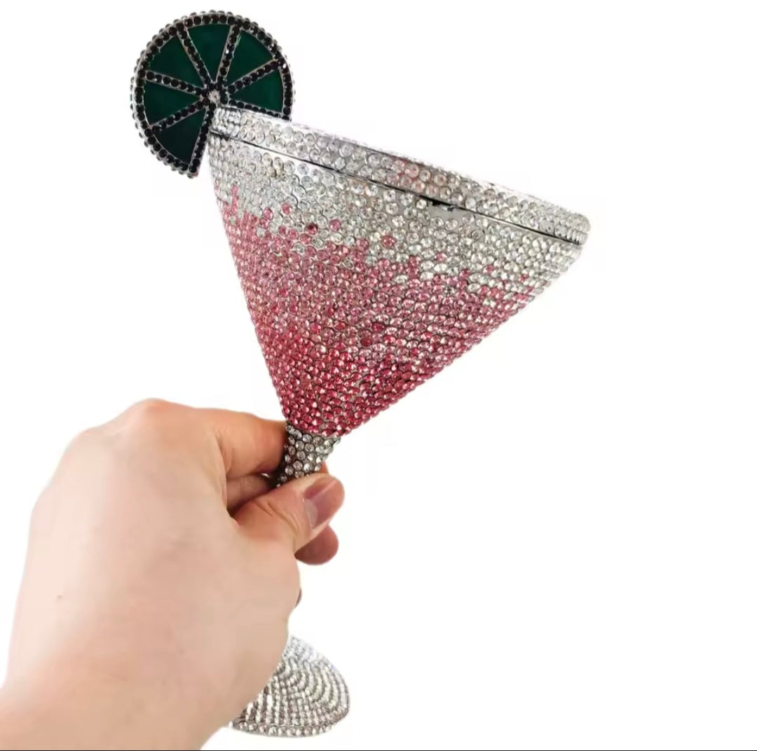 Pink silver ombre crystal martini cocktail glass evening bag