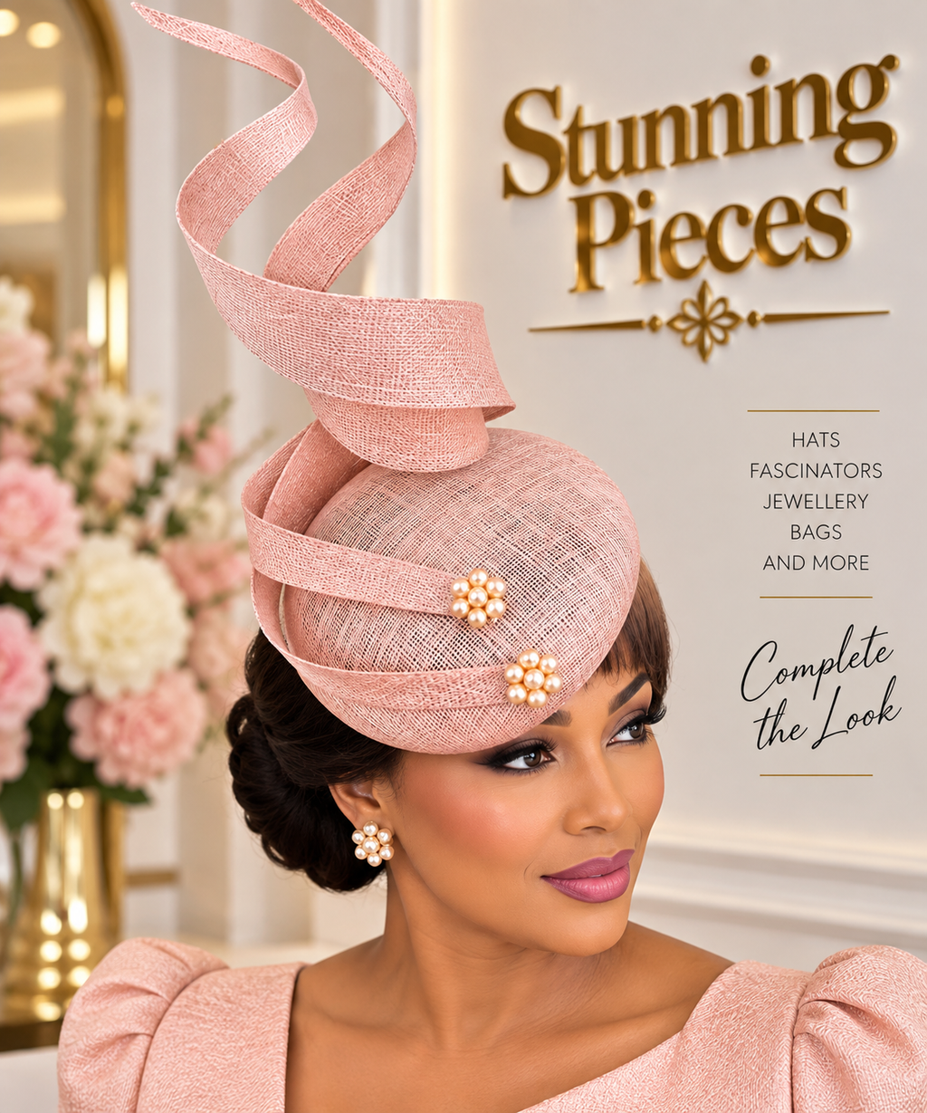 Pink sculptural fascinator with pearl cluster detail