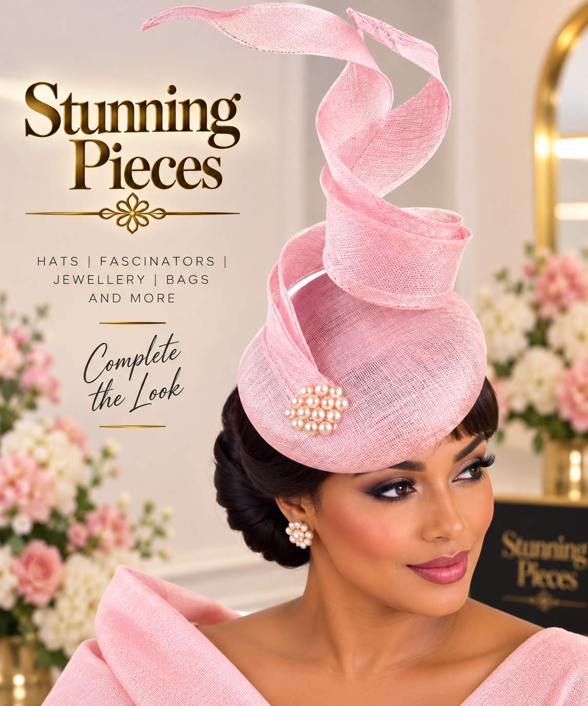 Side view of blush pink pearl swirl fascinator