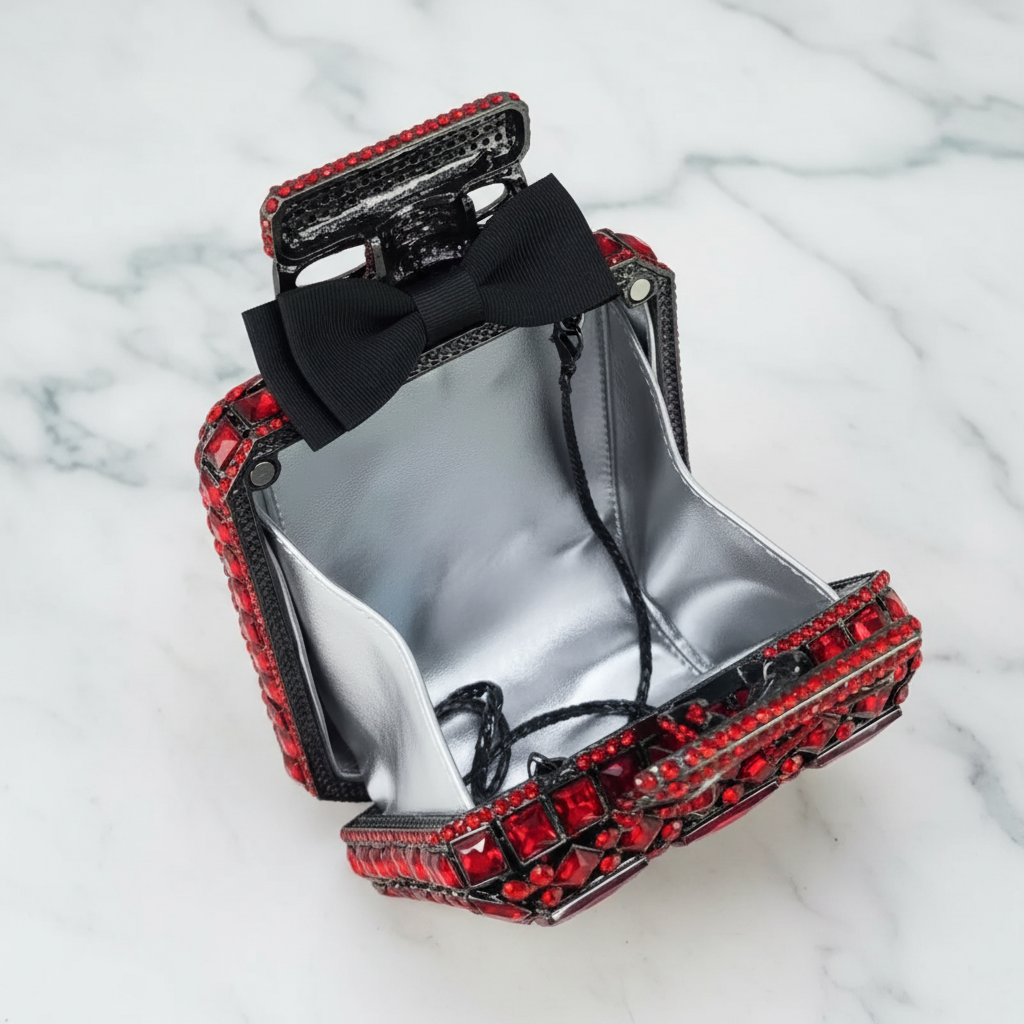 Red crystal perfume bottle evening bag on marble background
