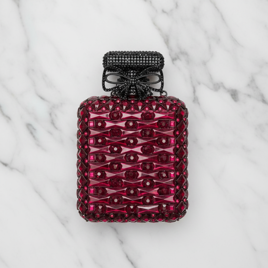 Red crystal perfume bottle bag close-up detail on marble background